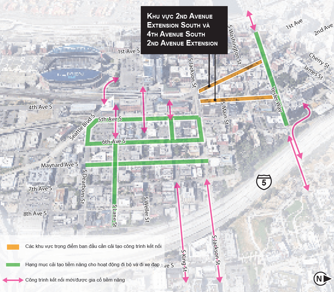 Bản đồ các công trình kết nối đến khu vực trọng điểm ở phía bắc, bao gồm 4th Avenue giữa South Jackson Street và Yesler Way, cũng như 2nd Avenue Extension giữa Jackson và Yesler. Bản đồ thể hiện đường phố ở khu vực trọng điểm này, được tô màu cam, nằm trong khu vực Trung Tâm Phía Nam bao quanh, trong đó có các khu phố ở Khu Phố Tàu-Quốc Tế và Pioneer Square. Bản đồ cũng thể hiện các hạng mục cải tạo tiềm năng cho hoạt động đi bộ và đi xe đạp được tô màu xanh lá cây và các công trình kết nối mới/được gia cố tiềm năng được thể hiện bằng mũi tên màu hồng. Tất cả các khu vực trọng điểm đều có chung nội dung về các hạng mục cải tạo đó. 